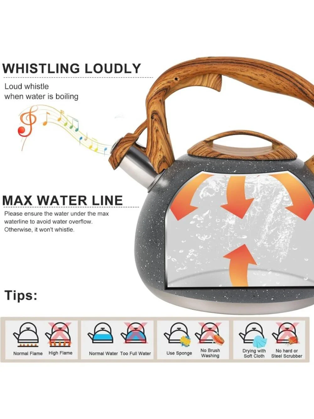 Gray Kitchen Whistling Tea Kettle 100 OZ / 3 L Stainless Steel Stovetop Teapot